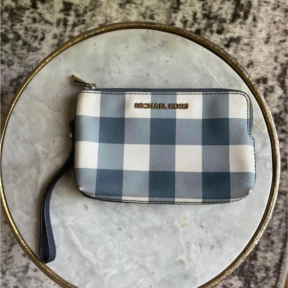 Michael Kors Blue and White Checkered Wristlet